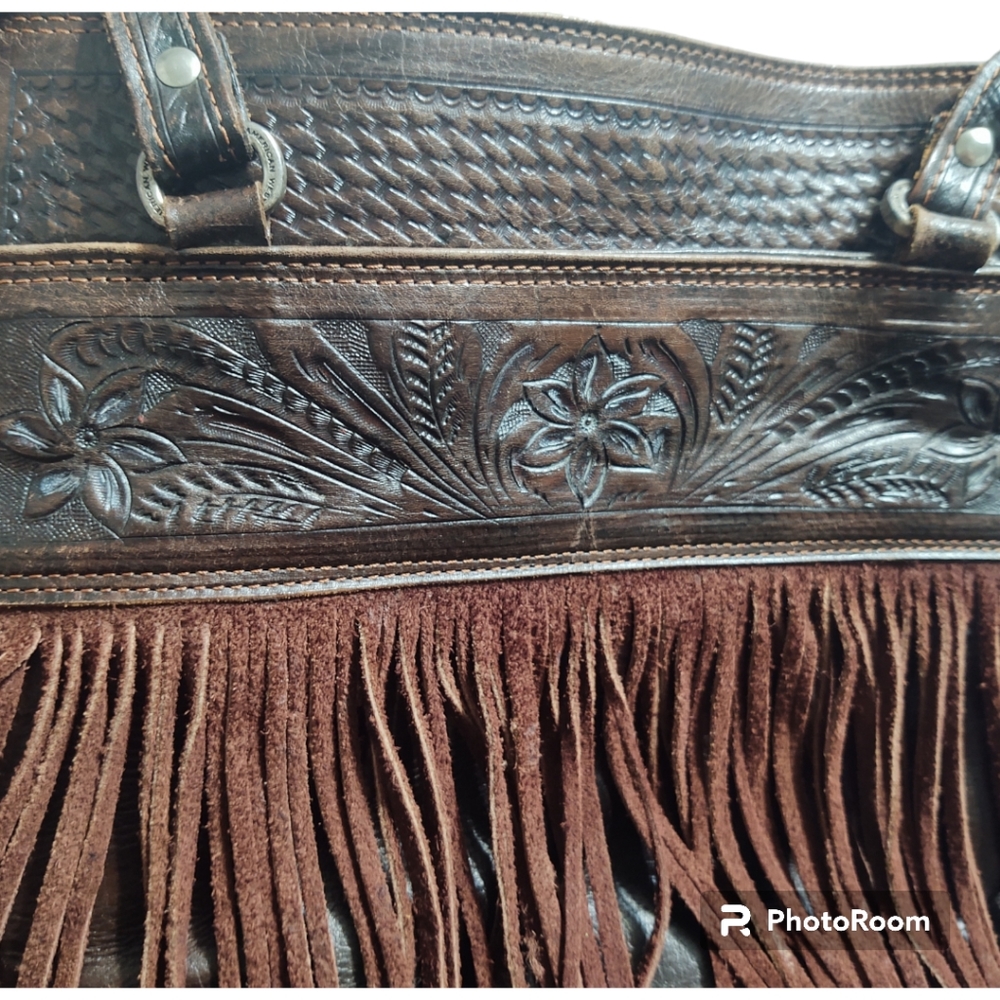 American West Tooled Brown Leather Fringed Bag - Picture 3 of 5